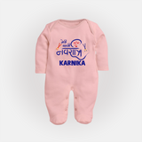 My First Navratri Sleep suit/full sleeve body suit | Custom Baby Sleep suit/full sleeve body suit for Festive Fun - BABY PINK - New Born (Chest 7.5")