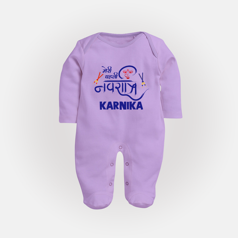 My First Navratri Sleep suit/full sleeve body suit | Custom Baby Sleep suit/full sleeve body suit for Festive Fun - LILAC - New Born (Chest 7.5")