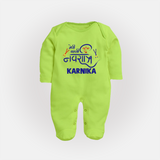 My First Navratri Sleep suit/full sleeve body suit | Custom Baby Sleep suit/full sleeve body suit for Festive Fun - LIME GREEN - New Born (Chest 7.5")