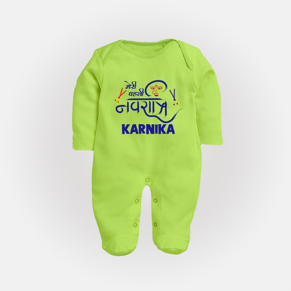 My First Navratri Sleep suit/full sleeve body suit | Custom Baby Sleep suit/full sleeve body suit for Festive Fun - LIME GREEN - New Born (Chest 7.5")