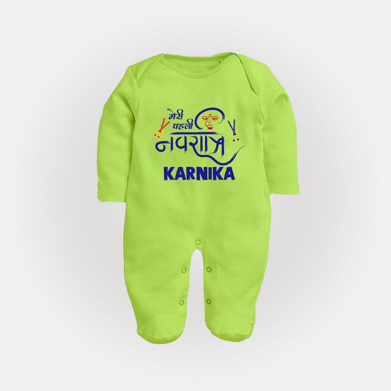My First Navratri Sleep suit/full sleeve body suit | Custom Baby Sleep suit/full sleeve body suit for Festive Fun - LIME GREEN - New Born (Chest 7.5")