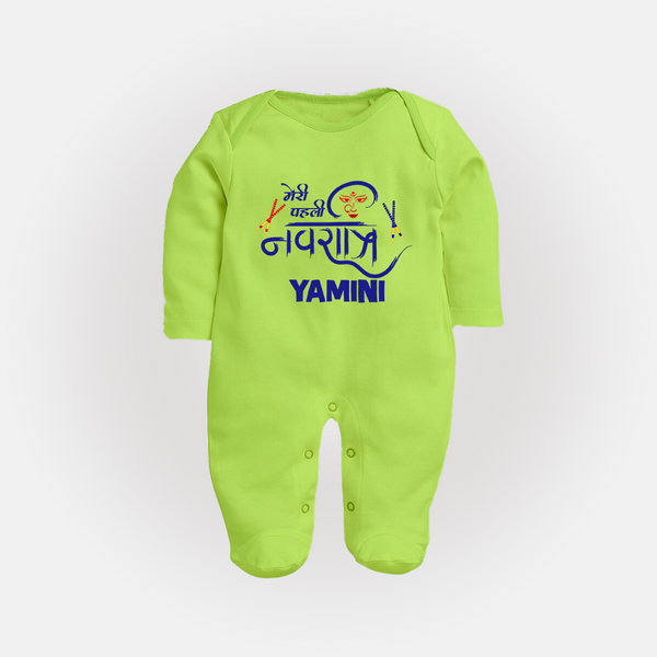 Meri Pehli Navratri Traditional Personalized Full Body Suit - LIME GREEN - New Born (Chest 7.5")