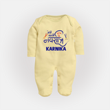 My First Navratri Sleep suit/full sleeve body suit | Custom Baby Sleep suit/full sleeve body suit for Festive Fun - PASTEL YELLOW - New Born (Chest 7.5")