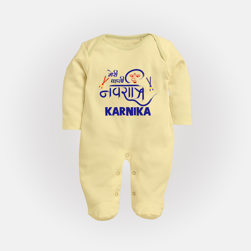 My First Navratri Sleep suit/full sleeve body suit | Custom Baby Sleep suit/full sleeve body suit for Festive Fun - PASTEL YELLOW - New Born (Chest 7.5")