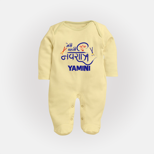 Meri Pehli Navratri Traditional Personalized Full Body Suit - PASTEL YELLOW - New Born (Chest 7.5")