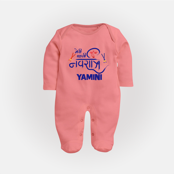 Meri Pehli Navratri Traditional Personalized Full Body Suit - PEACH - New Born (Chest 7.5")