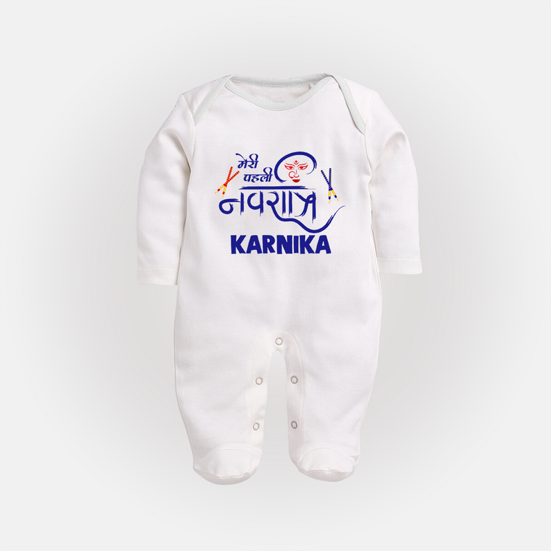 My First Navratri Sleep suit/full sleeve body suit | Custom Baby Sleep suit/full sleeve body suit for Festive Fun - WHITE - New Born (Chest 7.5")