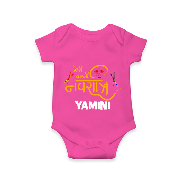 Meri Pehli Navratri Traditional Personalized Romper - HOT PINK - New Born (Chest 14")