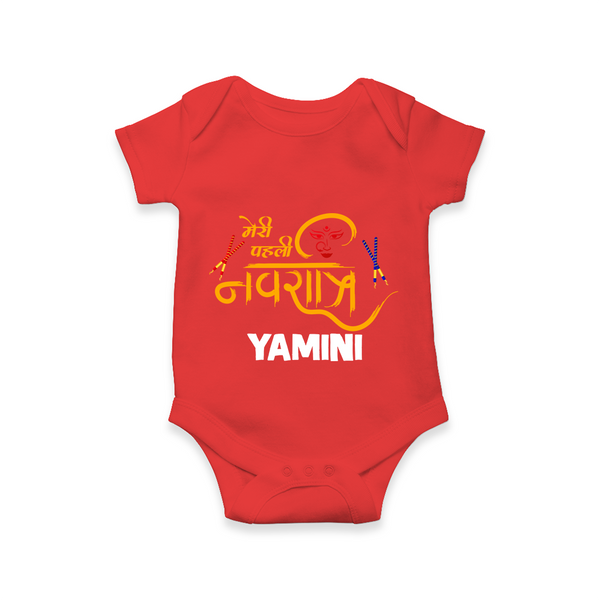 Meri Pehli Navratri Traditional Personalized Romper - RED - New Born (Chest 14")
