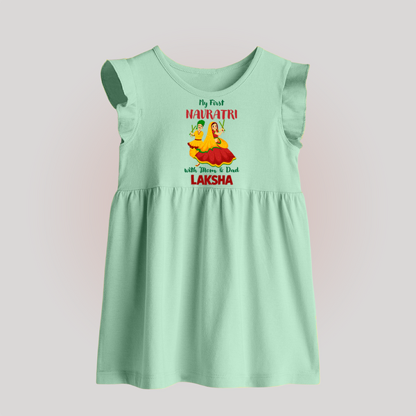 My First Navratri Garba Couple Personalized Baby Frock - MINT GREEN - 0 - 3 Months Old (Chest 17")