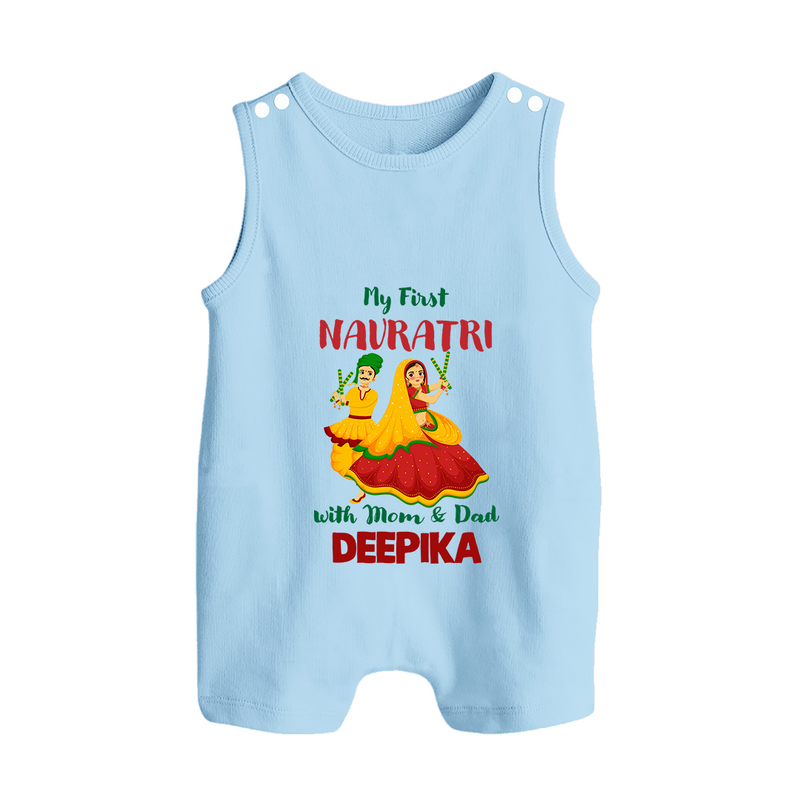 My First Navratri With Mom and Dad Romper suit/sleeveless romper | Personalized Baby Romper suit/sleeveless romper for Family Celebration - BABY BLUE - 0 - 5 Months Old (Chest 18")