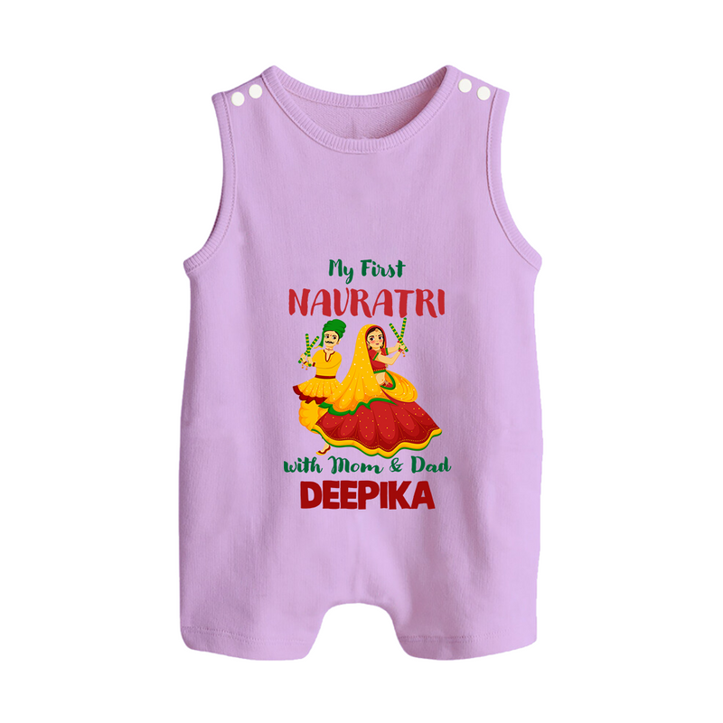 My First Navratri With Mom and Dad Romper suit/sleeveless romper | Personalized Baby Romper suit/sleeveless romper for Family Celebration - LILAC - 0 - 5 Months Old (Chest 18")