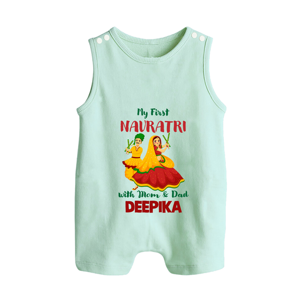 My First Navratri With Mom and Dad Romper suit/sleeveless romper | Personalized Baby Romper suit/sleeveless romper for Family Celebration - MINT GREEN - 0 - 5 Months Old (Chest 18")