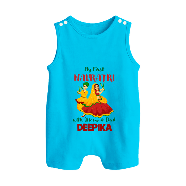 My First Navratri With Mom and Dad Romper suit/sleeveless romper | Personalized Baby Romper suit/sleeveless romper for Family Celebration - SKY BLUE - 0 - 5 Months Old (Chest 18")