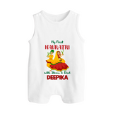 My First Navratri With Mom and Dad Romper suit/sleeveless romper | Personalized Baby Romper suit/sleeveless romper for Family Celebration - WHITE - 0 - 5 Months Old (Chest 18")