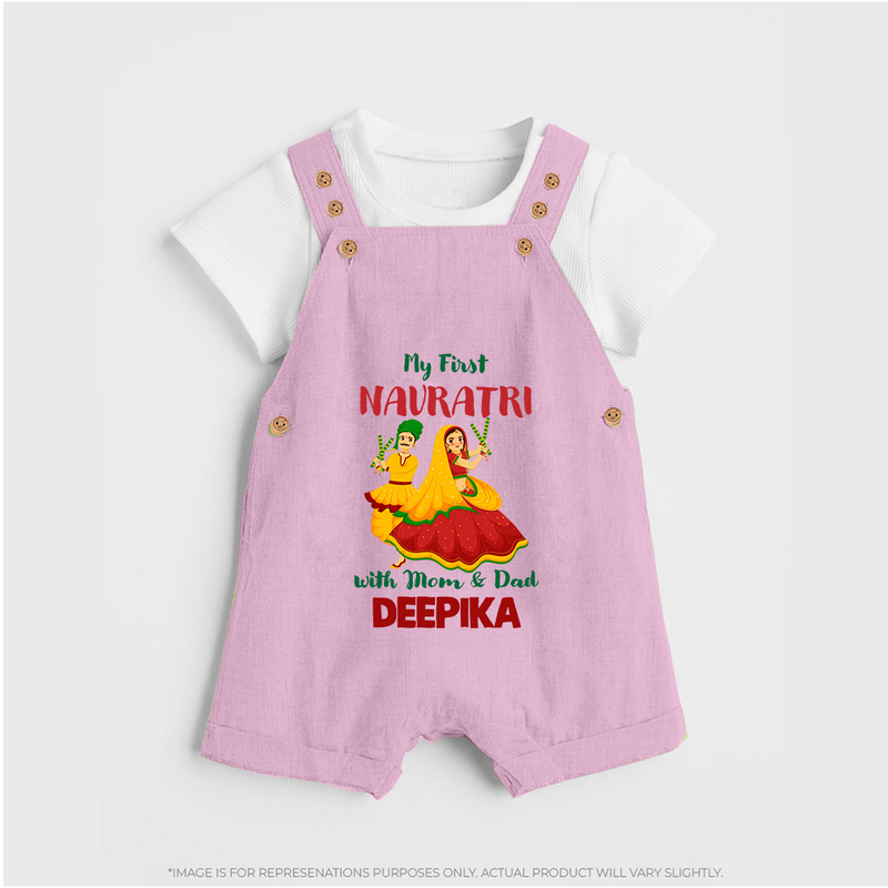 My First Navratri With Mom and Dad Dungaree set | Personalized Baby Dungaree set for Family Celebration - BABY PINK - 0 - 5 Months Old (Chest 18")