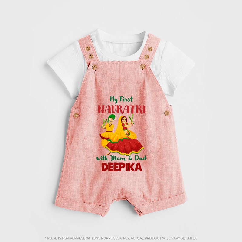 My First Navratri With Mom and Dad Dungaree set | Personalized Baby Dungaree set for Family Celebration - PEACH - 0 - 5 Months Old (Chest 18")