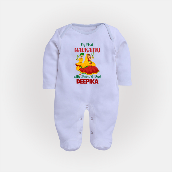 My First Navratri With Mom and Dad Sleep suit/full sleeve body suit | Personalized Baby Sleep suit/full sleeve body suit for Family Celebration - BABY BLUE - New Born (Chest 7.5")