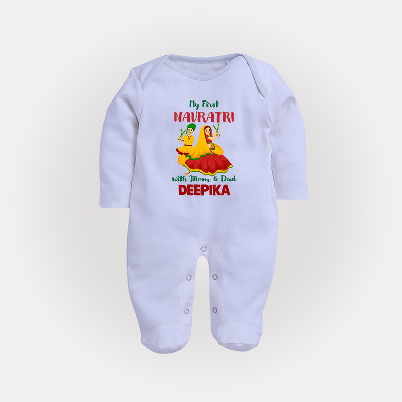 My First Navratri With Mom and Dad Sleep suit/full sleeve body suit | Personalized Baby Sleep suit/full sleeve body suit for Family Celebration - BABY BLUE - New Born (Chest 7.5")