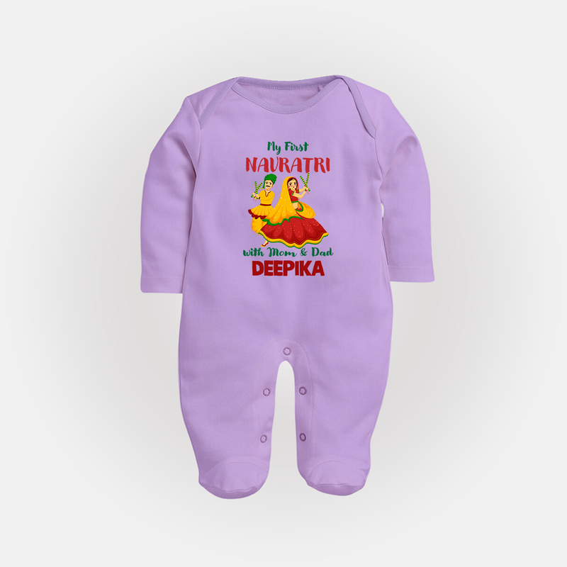 My First Navratri With Mom and Dad Sleep suit/full sleeve body suit | Personalized Baby Sleep suit/full sleeve body suit for Family Celebration - LILAC - New Born (Chest 7.5")