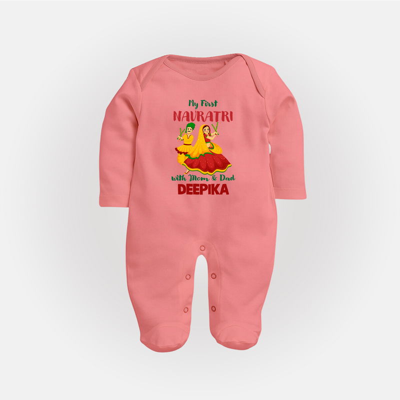My First Navratri With Mom and Dad Sleep suit/full sleeve body suit | Personalized Baby Sleep suit/full sleeve body suit for Family Celebration - PEACH - New Born (Chest 7.5")