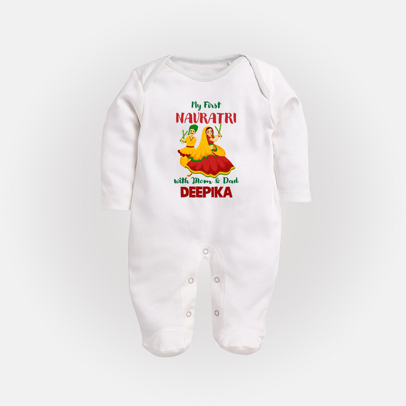 My First Navratri With Mom and Dad Sleep suit/full sleeve body suit | Personalized Baby Sleep suit/full sleeve body suit for Family Celebration - WHITE - New Born (Chest 7.5")