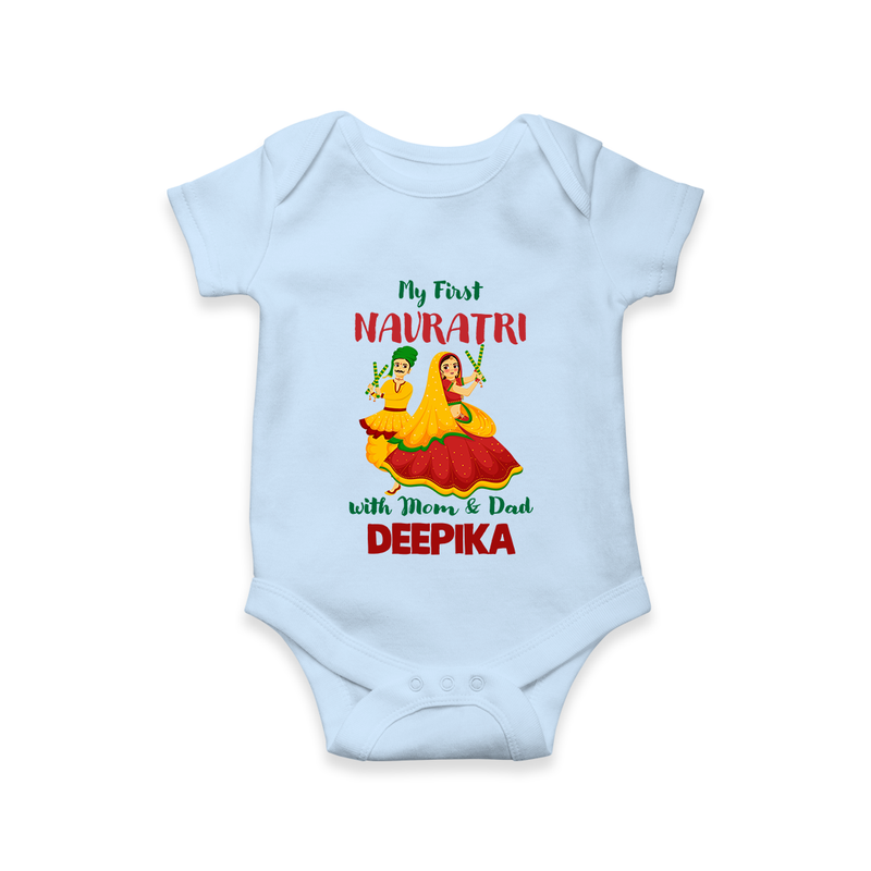 My First Navratri With Mom and Dad Romper/Onesie | Personalized Baby Romper/Onesie for Family Celebration - BABY BLUE - New Born (Chest 14")