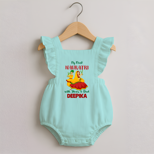 My First Navratri With Mom and Dad Romper frock | Personalized Baby Romper frock for Family Celebration - MINT GREEN - 0 - 3 Months Old (Chest 19")