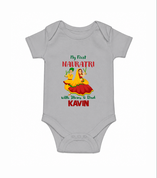 My First Navratri Garba Couple Personalized Romper - GREY - New Born (Chest 14")