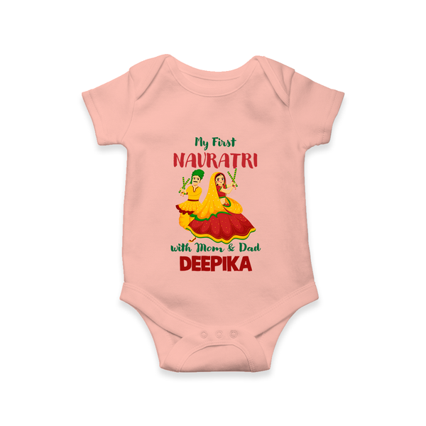 My First Navratri With Mom and Dad Romper/Onesie | Personalized Baby Romper/Onesie for Family Celebration - PEACH - New Born (Chest 14")
