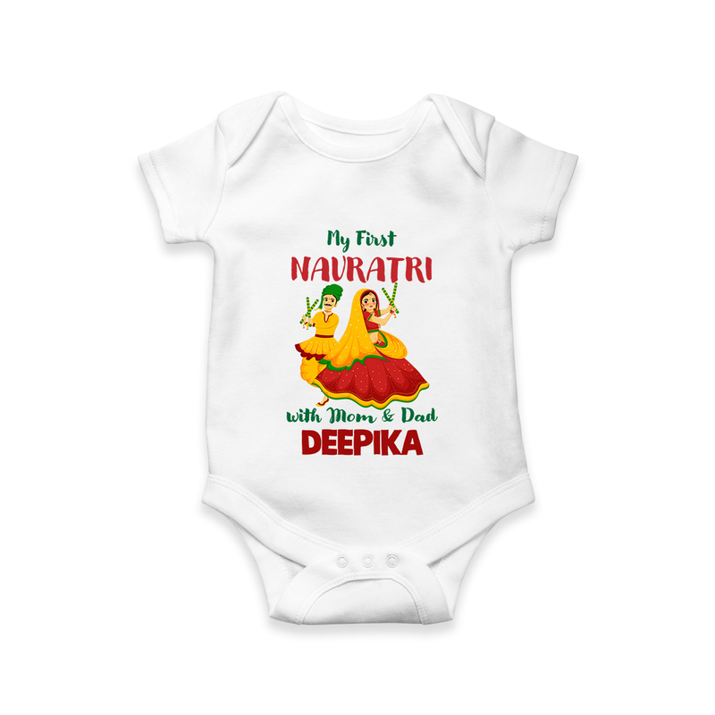 My First Navratri With Mom and Dad Romper/Onesie | Personalized Baby Romper/Onesie for Family Celebration - WHITE - New Born (Chest 14")