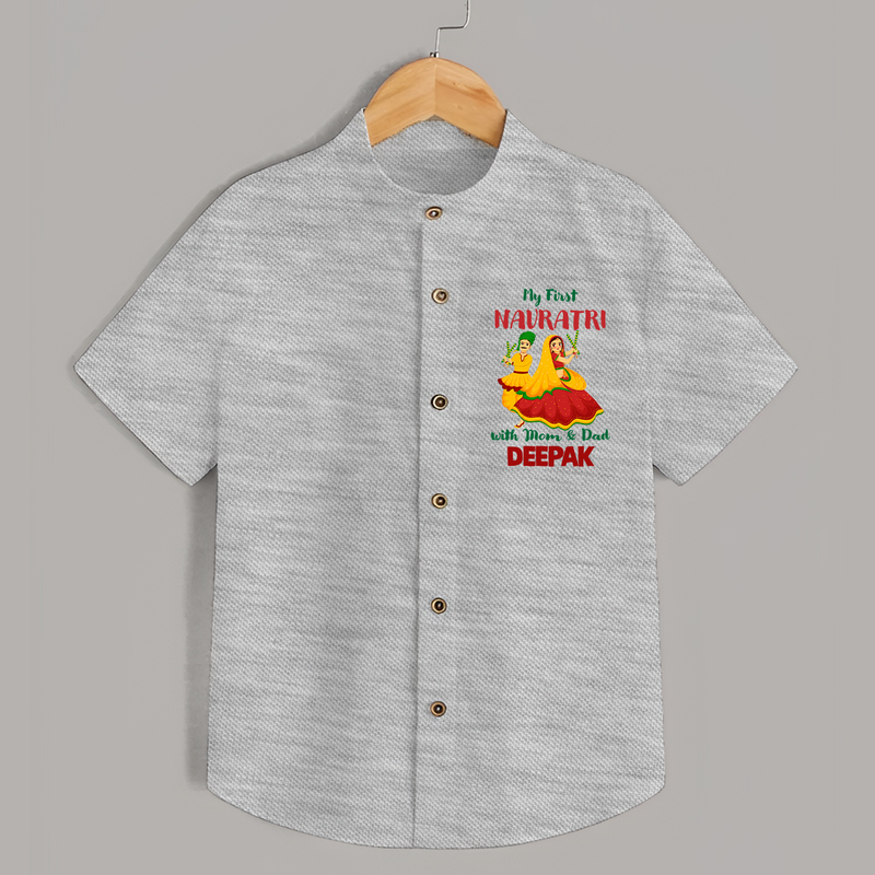 My First Navratri With Mom and Dad Shirt | Personalized Baby Shirt for Family Celebration - GREY - 0 - 6 Months Old (Chest 23")