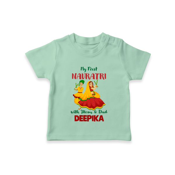 My First Navratri With Mom and Dad T-shirt | Personalized Baby T-shirt for Family Celebration - MINT GREEN - 0-5 Months Old (Chest 17")