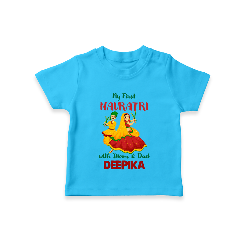 My First Navratri With Mom and Dad T-shirt | Personalized Baby T-shirt for Family Celebration - SKY BLUE - 0-5 Months Old (Chest 17")