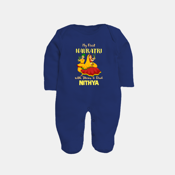 My First Navratri With Mom and Dad Sleep suit/full sleeve body suit | Personalized Baby Sleep suit/full sleeve body suit for Family Celebration - NAVY BLUE - New Born (Chest 7.5")