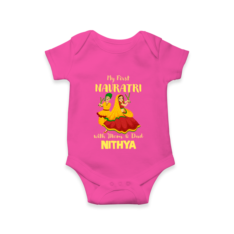 My First Navratri With Mom and Dad Romper/Onesie | Personalized Baby Romper/Onesie for Family Celebration - HOT PINK - New Born (Chest 14")