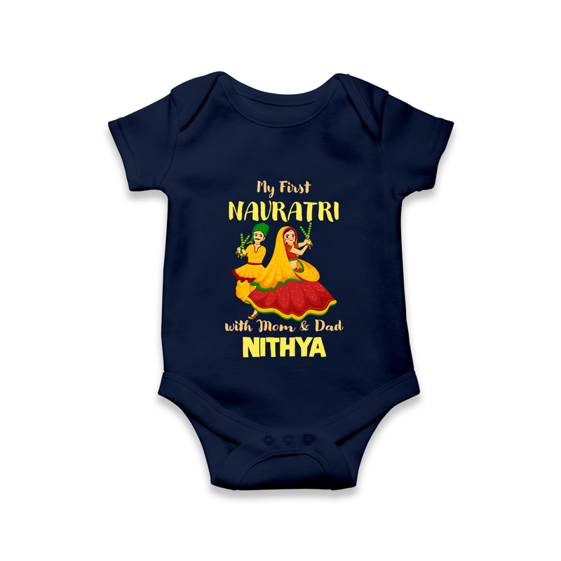 My First Navratri With Mom and Dad Romper/Onesie | Personalized Baby Romper/Onesie for Family Celebration - NAVY BLUE - New Born (Chest 14")