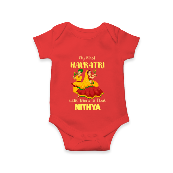 My First Navratri With Mom and Dad Romper/Onesie | Personalized Baby Romper/Onesie for Family Celebration - RED - New Born (Chest 14")