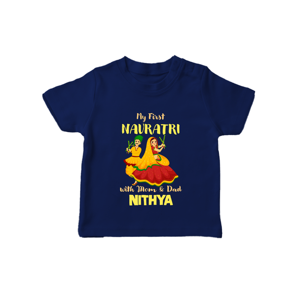 My First Navratri With Mom and Dad T-shirt | Personalized Baby T-shirt for Family Celebration - NAVY BLUE - 0-5 Months Old (Chest 17")