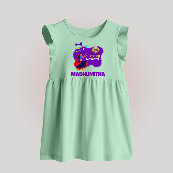 My First Navratri Garba Girl Personalized Baby Frock - MINT GREEN - 0 - 3 Months Old (Chest 17")