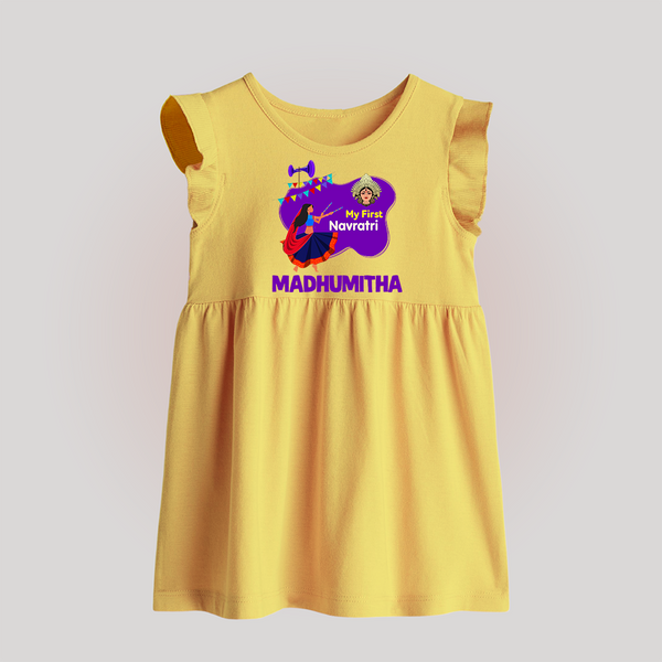 My First Navratri Garba Girl Personalized Baby Frock - PASTEL YELLOW - 0 - 3 Months Old (Chest 17")