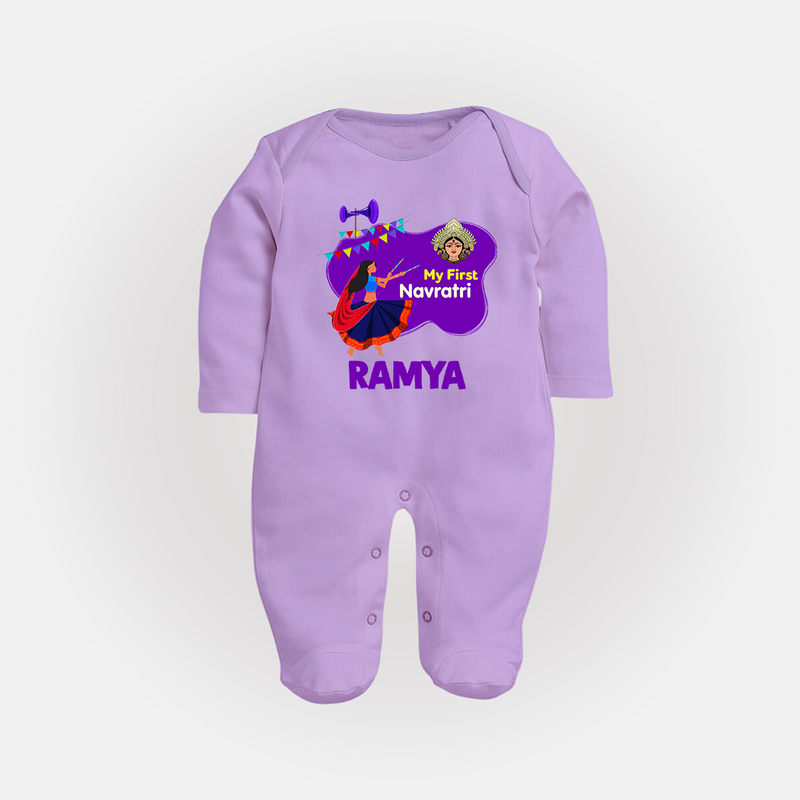 My First Navratri Sleep suit/full sleeve body suit | Custom Baby Sleep suit/full sleeve body suit for Little Festival-Goer - LILAC - New Born (Chest 7.5")
