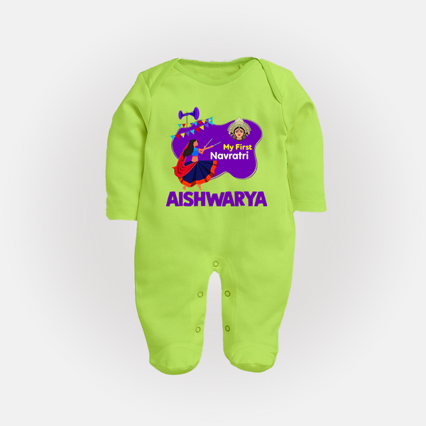 My First Navratri Garba Girl Personalized Full Body Suit - LIME GREEN - New Born (Chest 7.5")