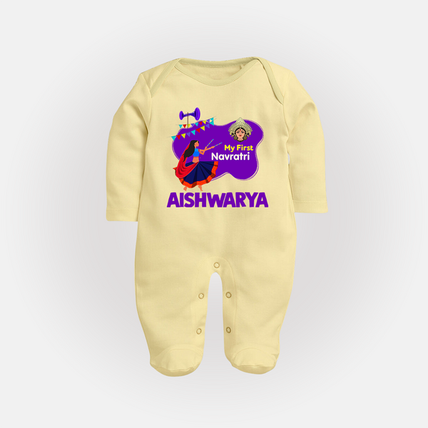 My First Navratri Garba Girl Personalized Full Body Suit - PASTEL YELLOW - New Born (Chest 7.5")