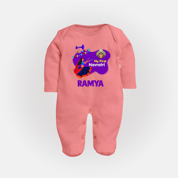 My First Navratri Sleep suit/full sleeve body suit | Custom Baby Sleep suit/full sleeve body suit for Little Festival-Goer - PEACH - New Born (Chest 7.5")