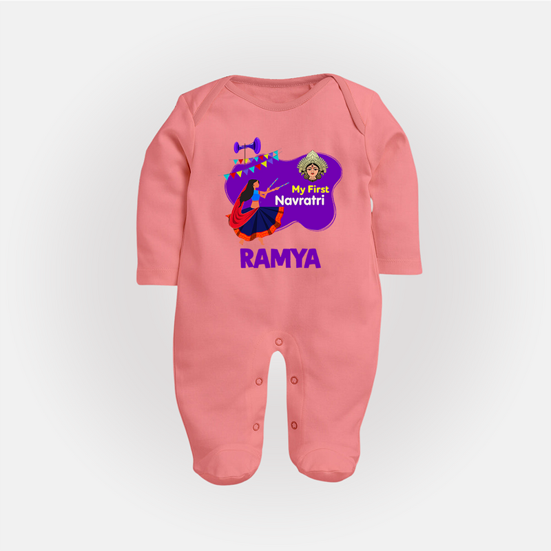 My First Navratri Sleep suit/full sleeve body suit | Custom Baby Sleep suit/full sleeve body suit for Little Festival-Goer - PEACH - New Born (Chest 7.5")