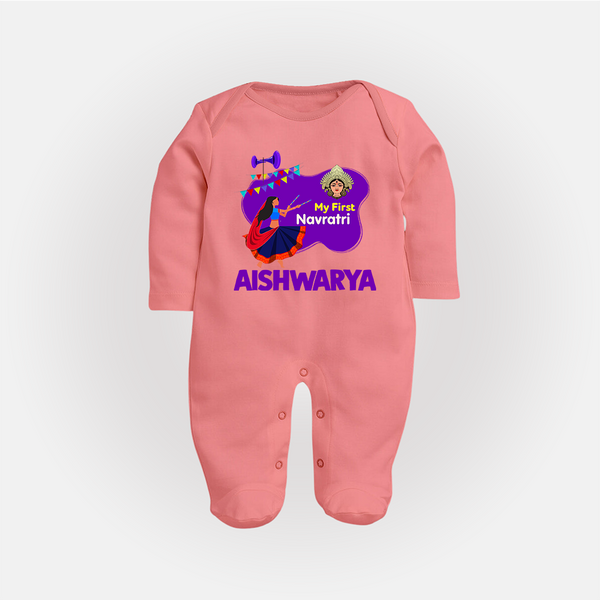 My First Navratri Garba Girl Personalized Full Body Suit - PEACH - New Born (Chest 7.5")
