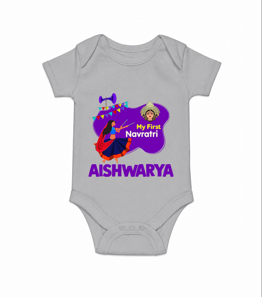 My First Navratri Garba Girl Personalized Romper - GREY - New Born (Chest 14")