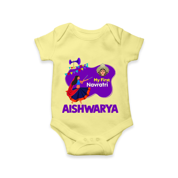 My First Navratri Garba Girl Personalized Romper - PASTEL YELLOW - New Born (Chest 14")