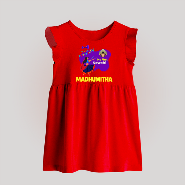 My First Navratri Garba Girl Personalized Baby Frock - RED - 0 - 3 Months Old (Chest 17")